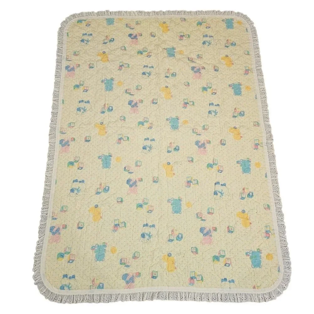 Vintage‎ Light Yellow Baby Blanket ABC Animals Quilted Eyelet Lace Trim 43 X 58